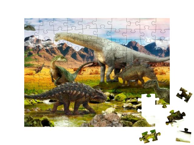 Puzzle 100 Teile „Illustration: Dinosaurier, Park am See“