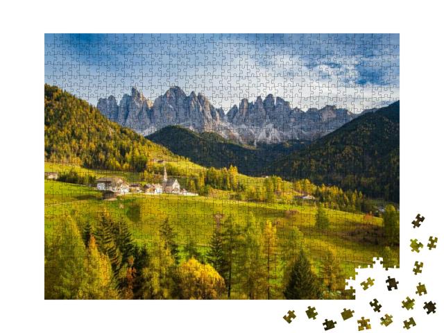 Puzzle 1000 Teile „Bergdorf Santa Maddelana im schönen Abendlicht, Dolomiten“