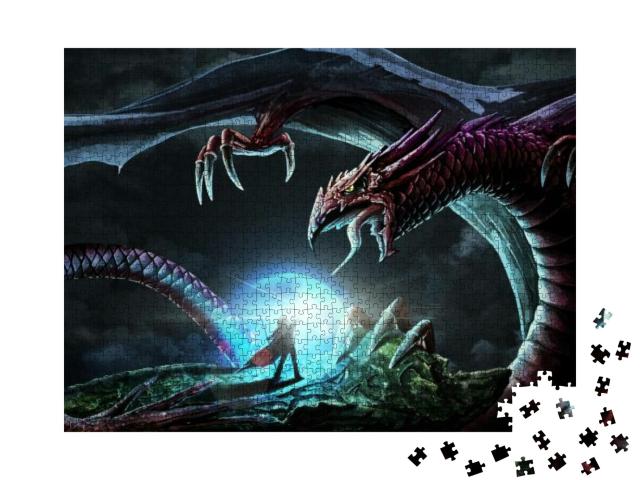 Puzzle 1000 Teile „Kampf zwischen mächtigem Zauberer und furchterregendem Drachen“