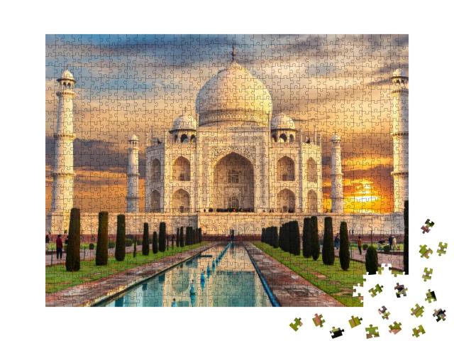 Puzzle 1000 Teile „Taj Mahal bei Sonnenuntergang, berühmte Sehenswürdigkeit, Indien, Agra“