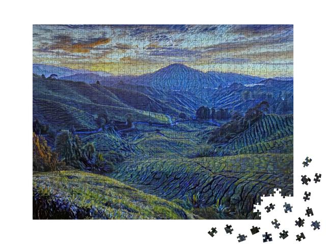 Puzzle 1000 Teile „im Kunst-Stil von van Gogh, Sternennacht - Sungai Palas Teeplantage in Cameron Highlands, Pahang, Malaysia“
