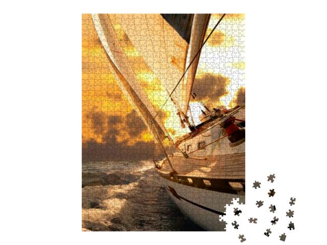 Puzzle 1000 Teile „Segelboot hart am Wind im Sonnenuntergang“