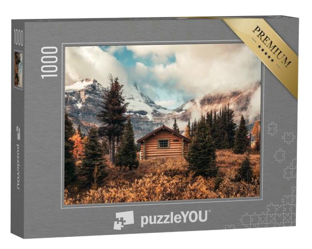 Puzzle 1000 Teile „Holzhütte auf dem Assiniboine-Berg im Herbstwald im Provinzpark, Kanada“