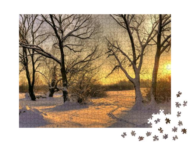 Puzzle 1000 Teile „Schöner Wintersonnenuntergang mit Bäumen im Schnee“