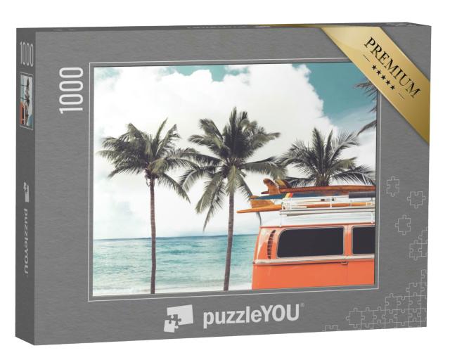 Puzzle 1000 Teile „Surfausflug: Oldtimer-Bus am Palmenstrand“