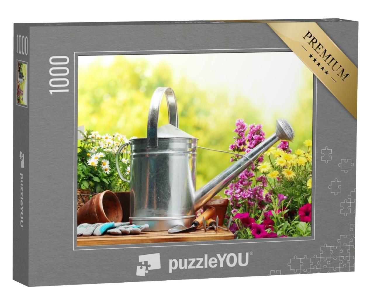 Puzzle 1000 Teile „Stillleben: Gartengeräte und Blumen“