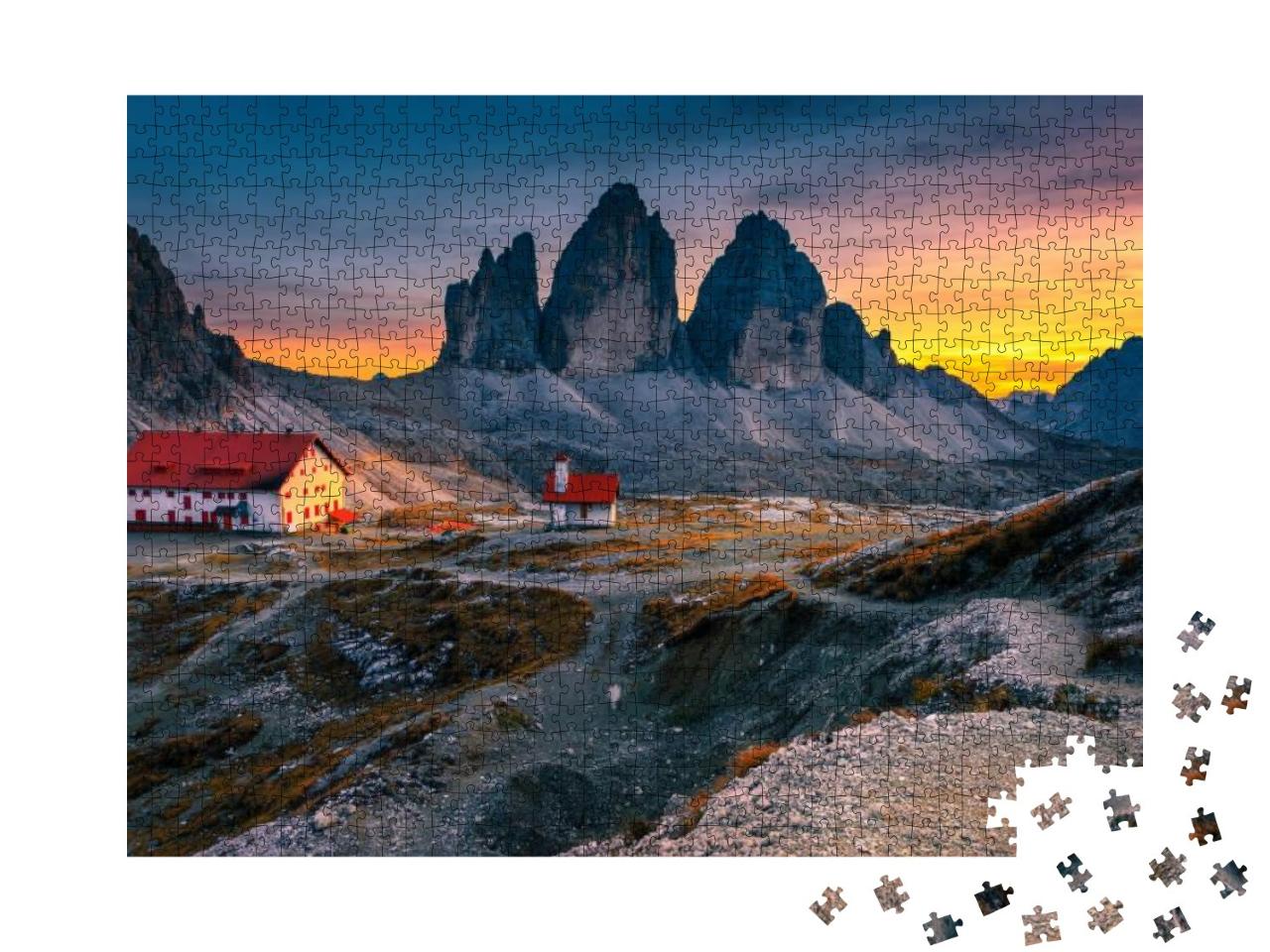 Puzzle 1000 Teile „Drei Zinnen mit Rifugio Locatelli-Hütte , Dolomiten, Italien“