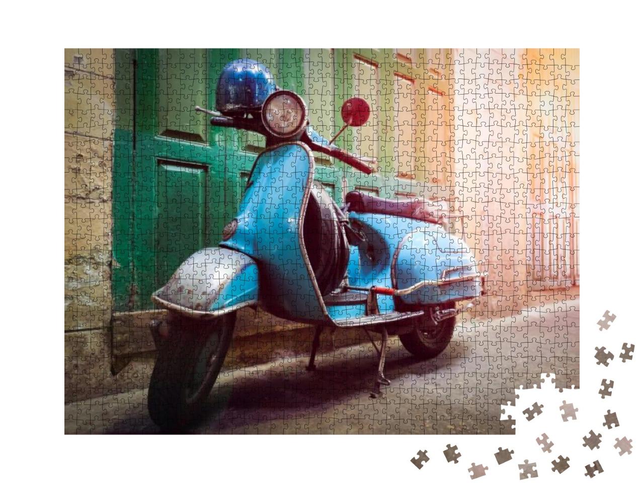 Puzzle 1000 Teile „Oldtimer-Roller steht in einer Gasse, Nachbearbeitung im Vintage-Stil“