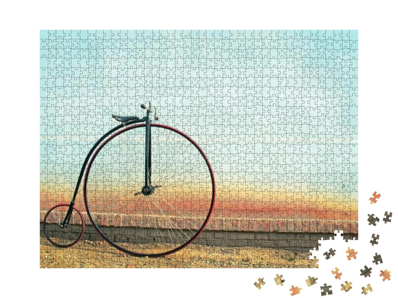Puzzle 1000 Teile „Vintage-Fahrrad: hohes Rad im Retro-Stil vor einer kleinen Mauer“