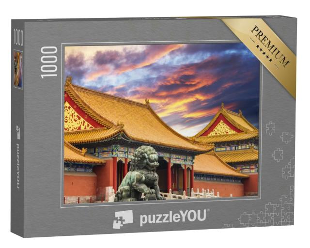 Puzzle 1000 Teile „Die Verbotene Stadt in Peking, China, goldene Dächer, Löwenstatue“