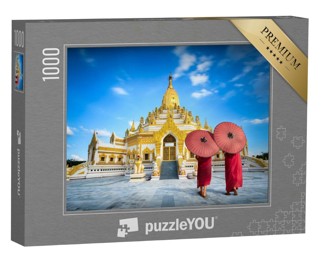 Puzzle 1000 Teile „Mönche mit roten Regenschirmen vor der Swe Taw Myat Pagode, Yangon, Myanmar“