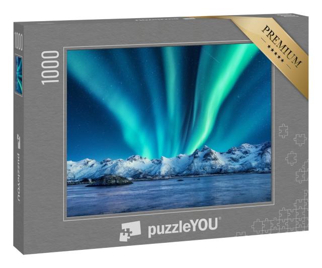 Puzzle 1000 Teile „Polarlicht über den schneebedeckten Bergen auf den Lofoten, Norwegen“