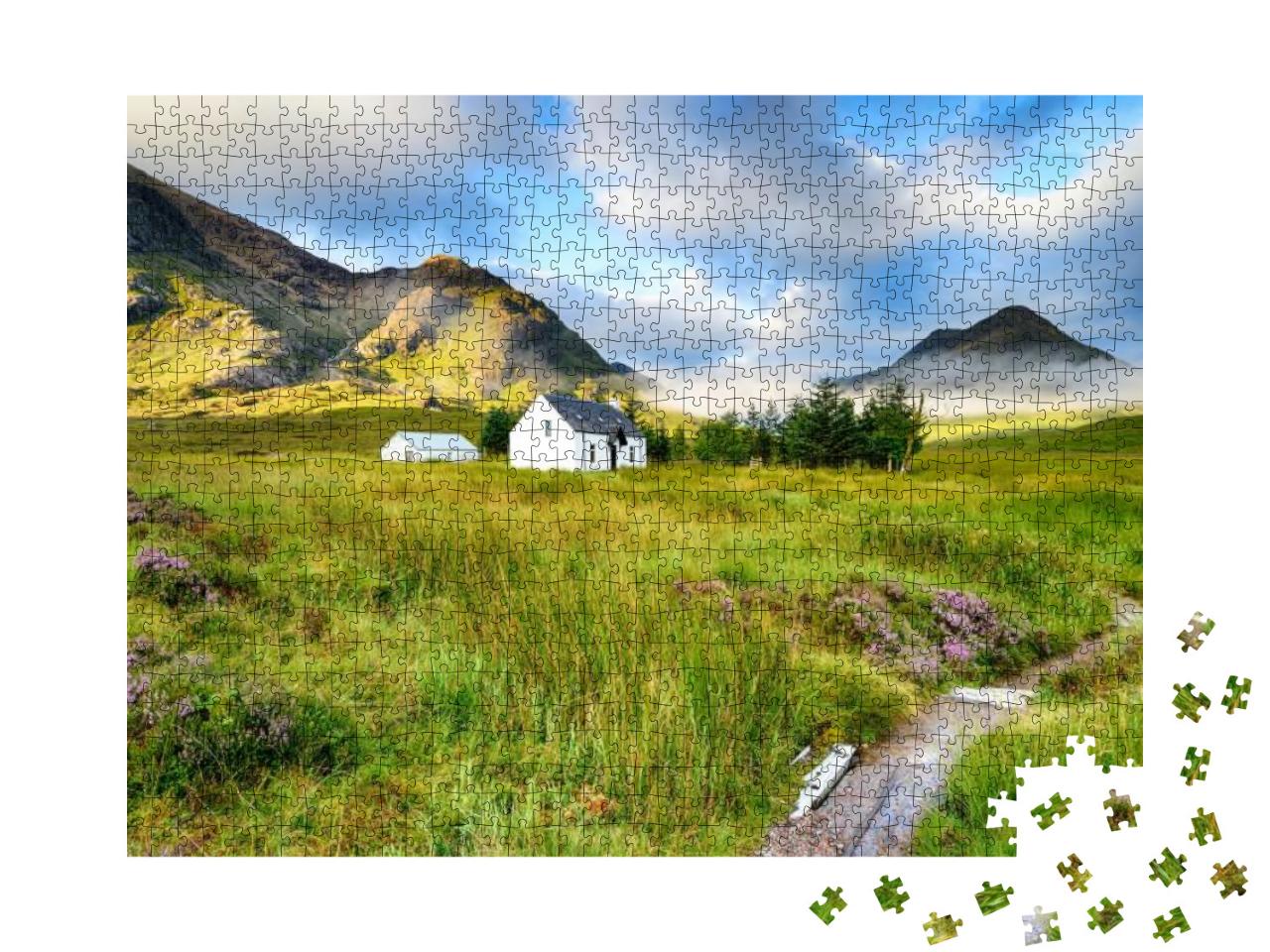 Puzzle 1000 Teile „Malerisches Postkartenhäuschen in Glencoe, schottische Highlands“