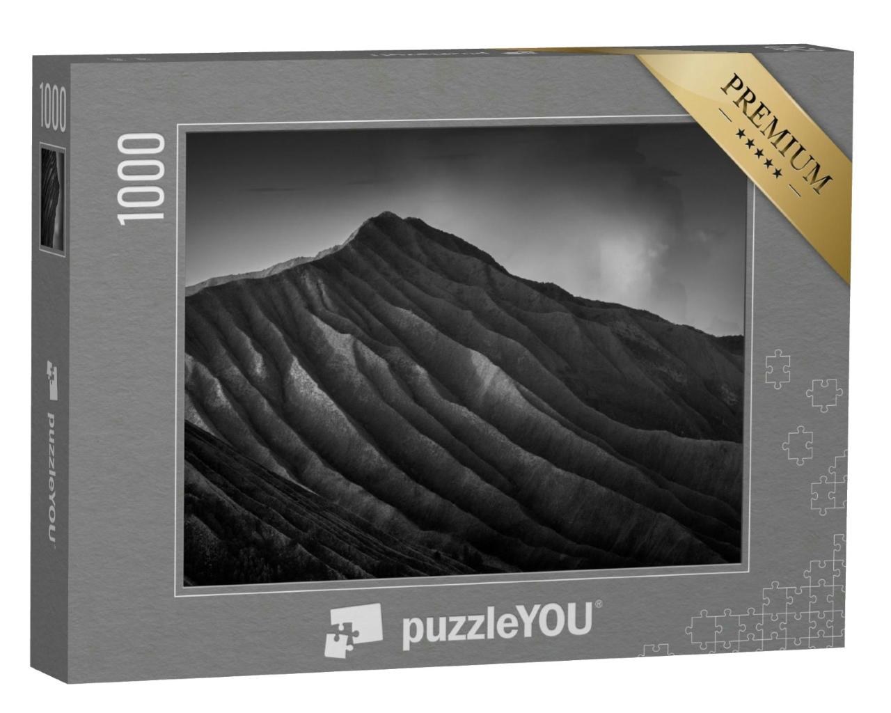 Puzzle 1000 Teile „Atemberaubender Blick auf den Vulkan Bromo, Indonesien, schwarz-weiß“