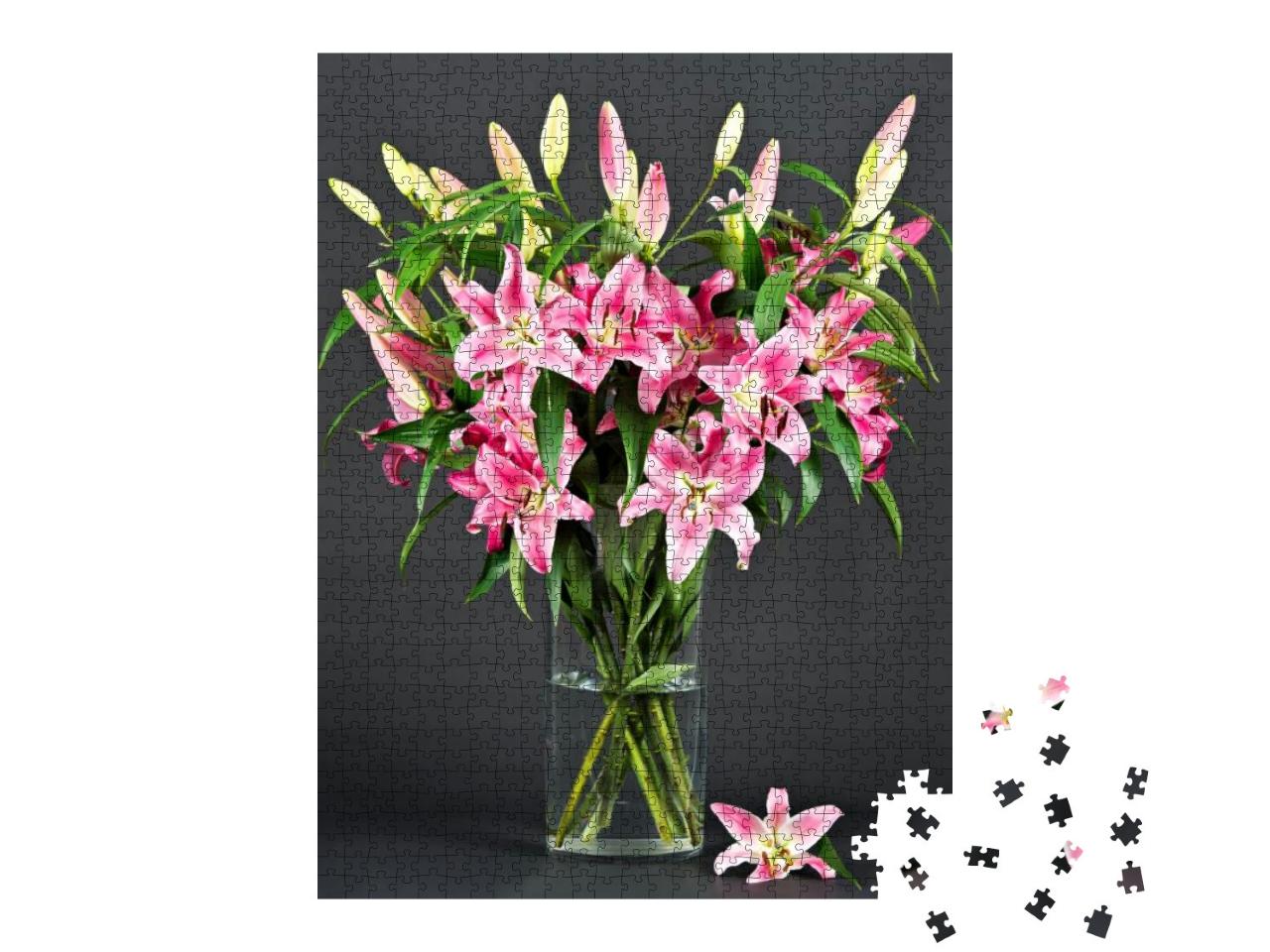 Puzzle 1000 Teile „rosa Lilienblüten auf schwarzem Hintergrund“