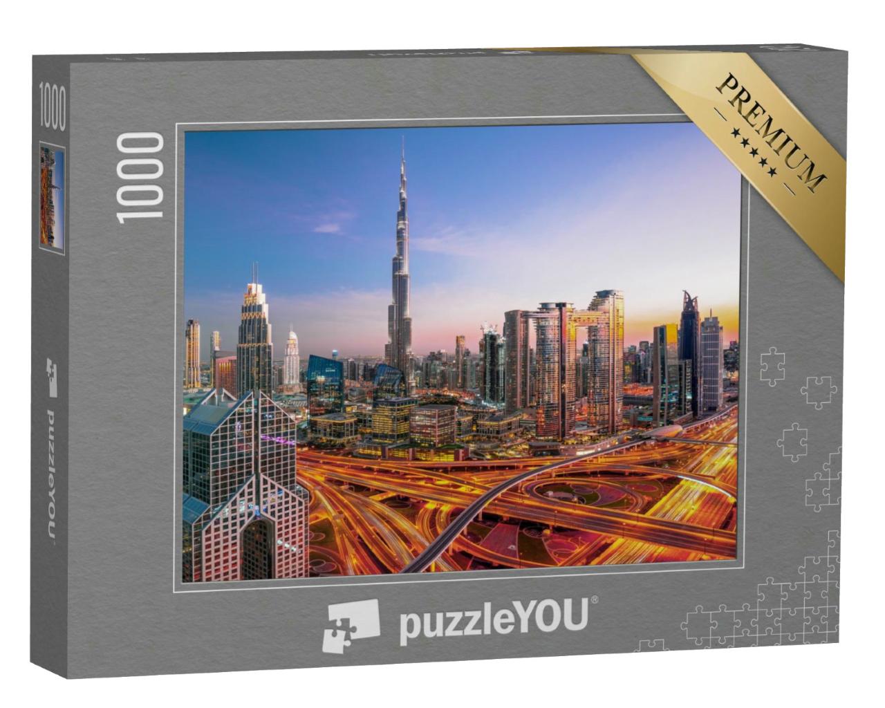 Puzzle 1000 Teile „Skyline des Stadtzentrums von Dubai, beeindruckendes Stadtbild mit Wolkenkratzern“