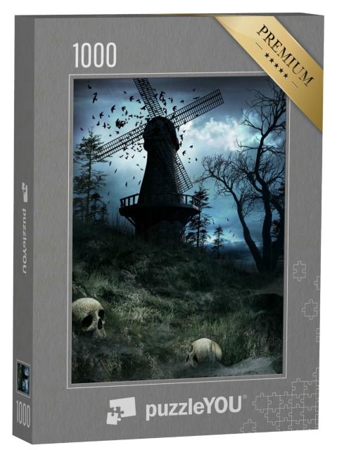 Puzzle 1000 Teile „Gothic-Illustration: Dunkle Windmühle mit Vögeln und Totenköpfen“