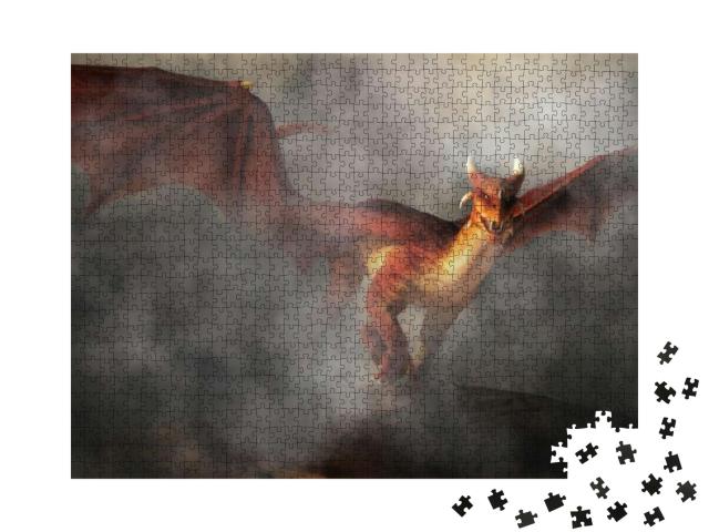 Puzzle 1000 Teile „3D-Illustration: ein roter Drache taucht aus Nebel und Rauch auf“