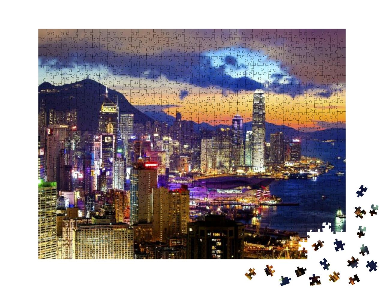 Puzzle 1000 Teile „Hell erleuchtetes Hongkong im Sonnenuntergang“