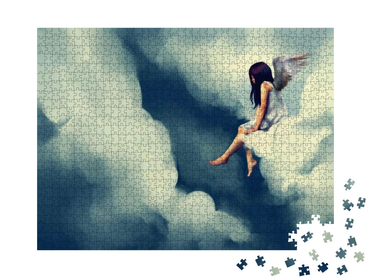 Puzzle 1000 Teile „Engel auf einer Wolke sitzend, Gemälde“
