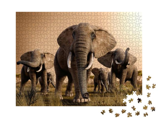 Puzzle 1000 Teile „Wunderschöne Szenerie einer Herde majestätischer afrikanischer Elefanten“