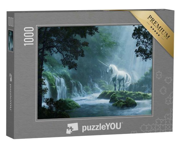 Puzzle 1000 Teile „Ein schönes Einhorn in einem magischen Wald, digitale Illustration“