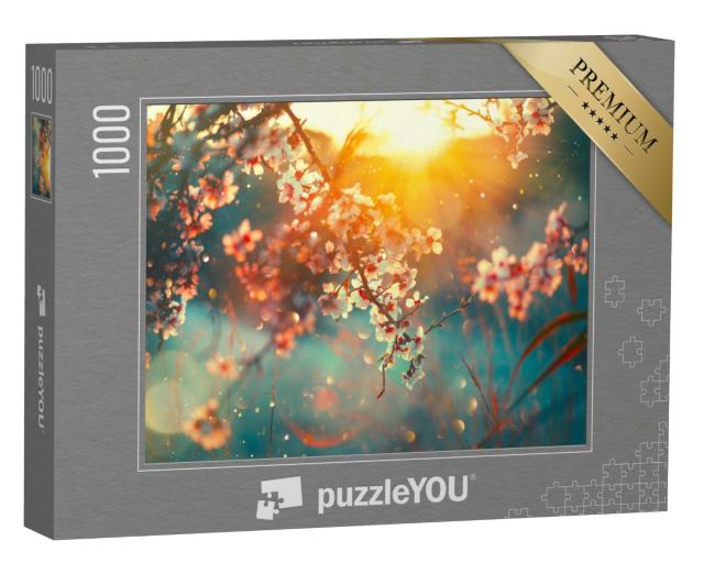 Puzzle 1000 Teile „Zart blühende Obstbäume im Sonnenaufgang“