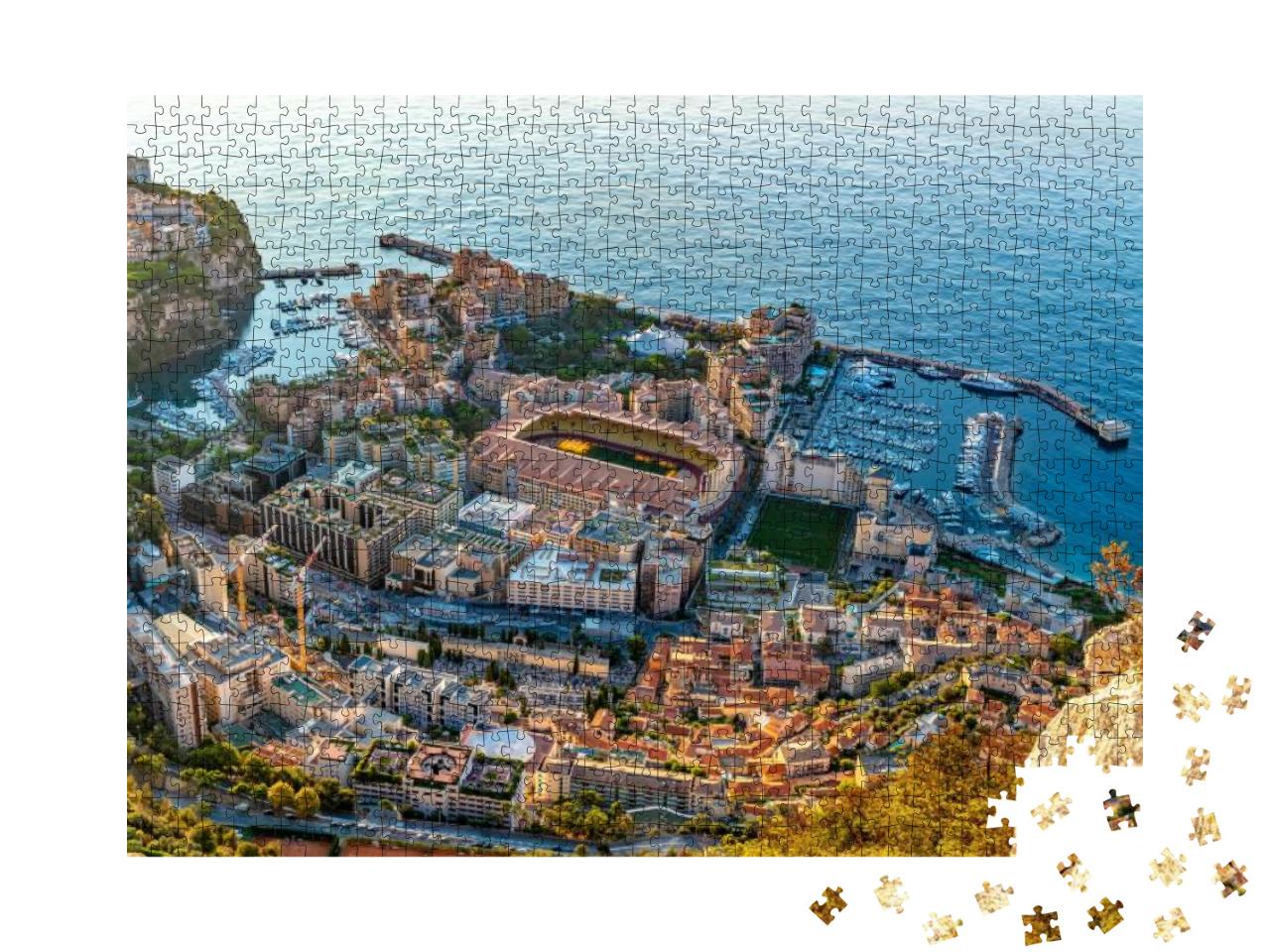 Puzzle 1000 Teile „Sonnenaufgang am Stadion von Monaco: Luftaufnahme“