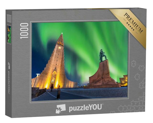 Puzzle 1000 Teile „Polarlichter über der Hallgrimskirkja-Kirche in Reykjavik, Island“