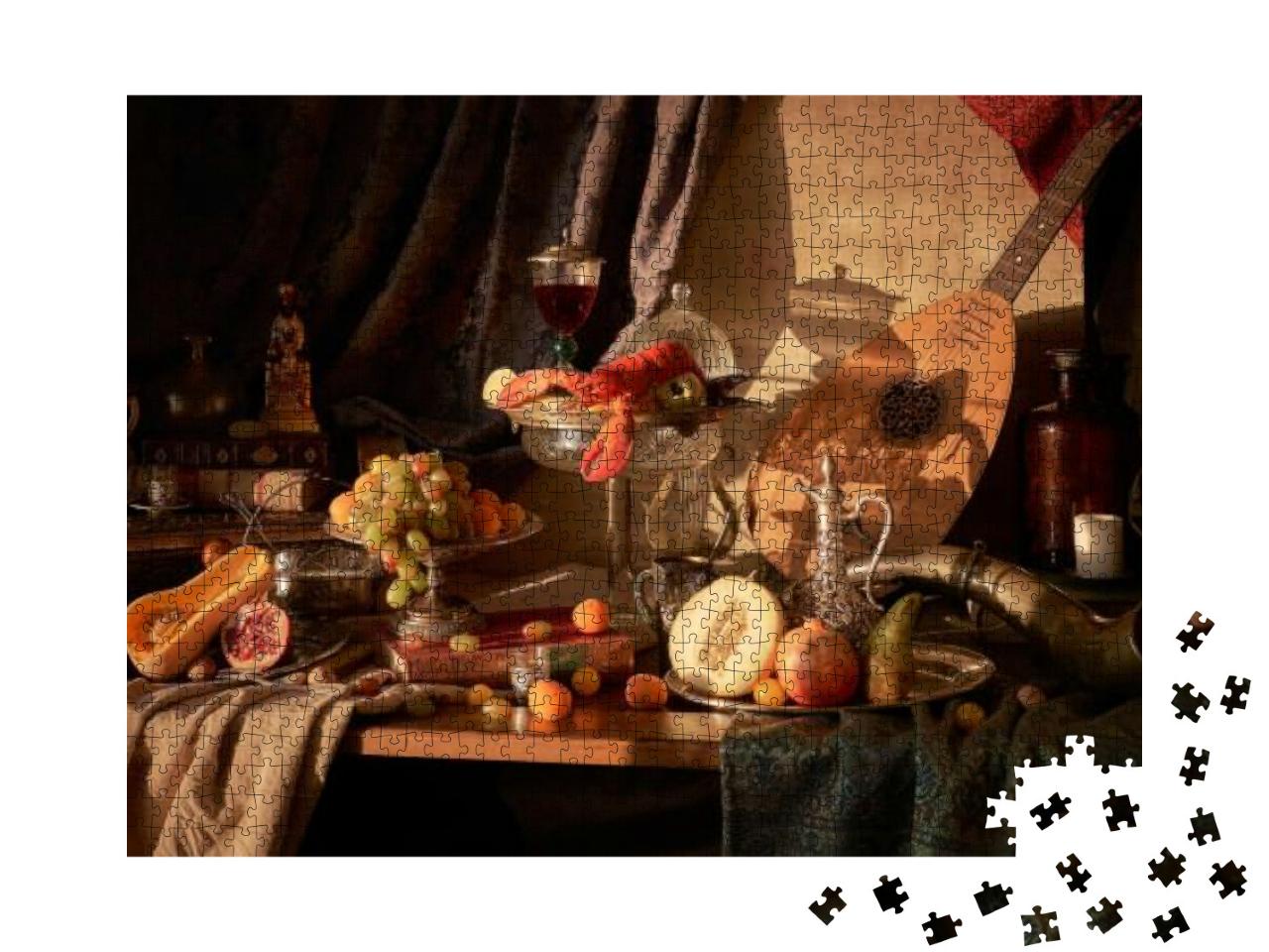 Puzzle 1000 Teile „Stillleben mit Hummer, Weinglas, Silbergeschirr, Früchten, Gitarrenlaute und Jagdhorn“