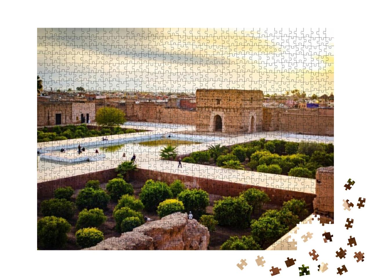 Puzzle 1000 Teile „Sonnenuntergang in El Badi, Landschaft bei Marrakesch, Marokko“