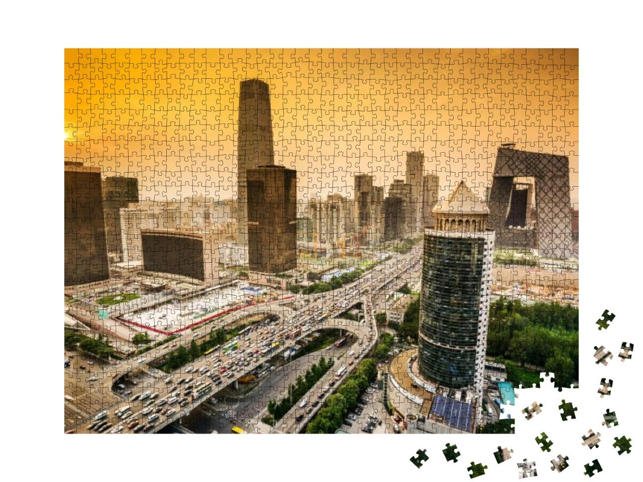 Puzzle 1000 Teile „Skyline des Finanzdistrikts in Peking, China, Sonne am Himmel“