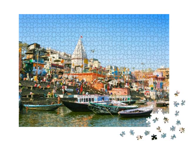 Puzzle 1000 Teile „Blick auf Prayag Ghat am Ganges in Uttar Pradesh, Varanasi, Indien“