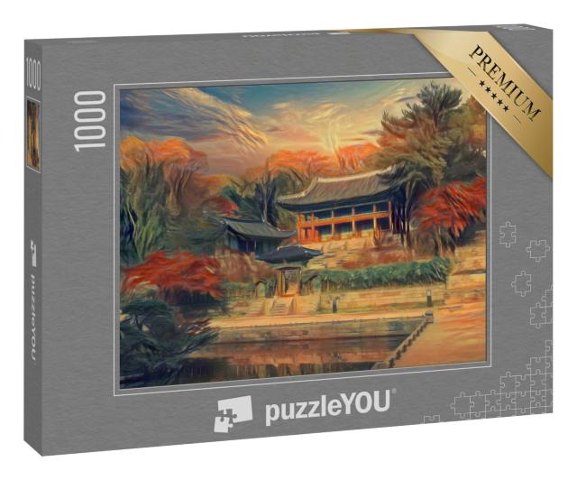 Puzzle 1000 Teile „im Stil von Edvard Munch, Der Schrei - Herbst im Changdeokgung Palast in Seoul Südkorea“