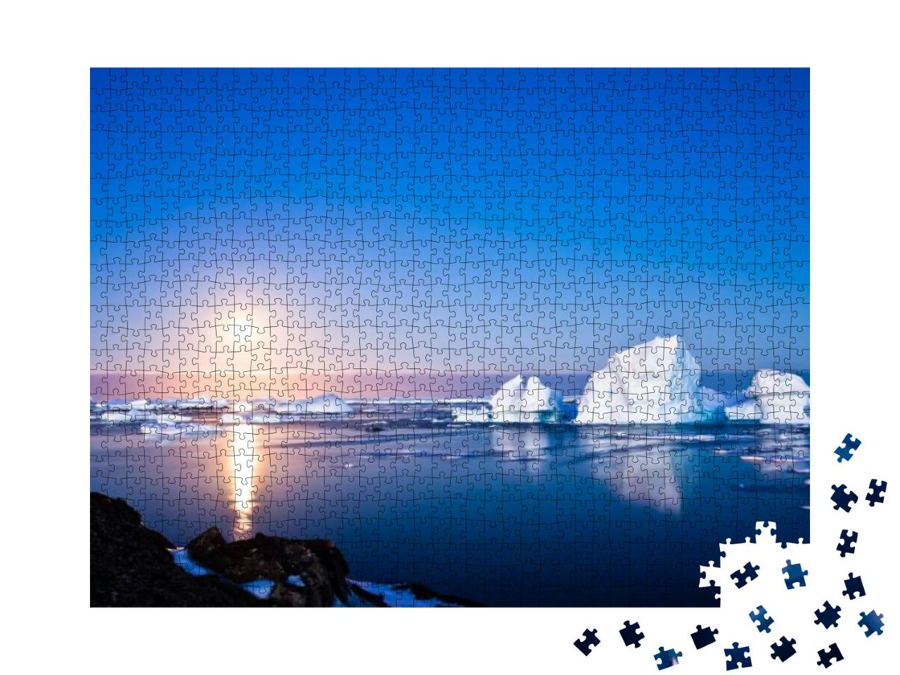 Puzzle 1000 Teile „Antarktis bei Sommernacht, Eisberge und Mondlicht“