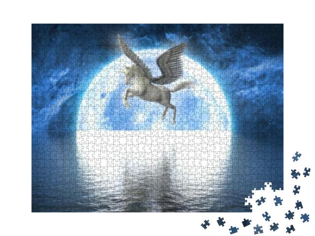 Puzzle 1000 Teile „Einhorn mit Flügeln vor dem Vollmond, 3D-Illustration“