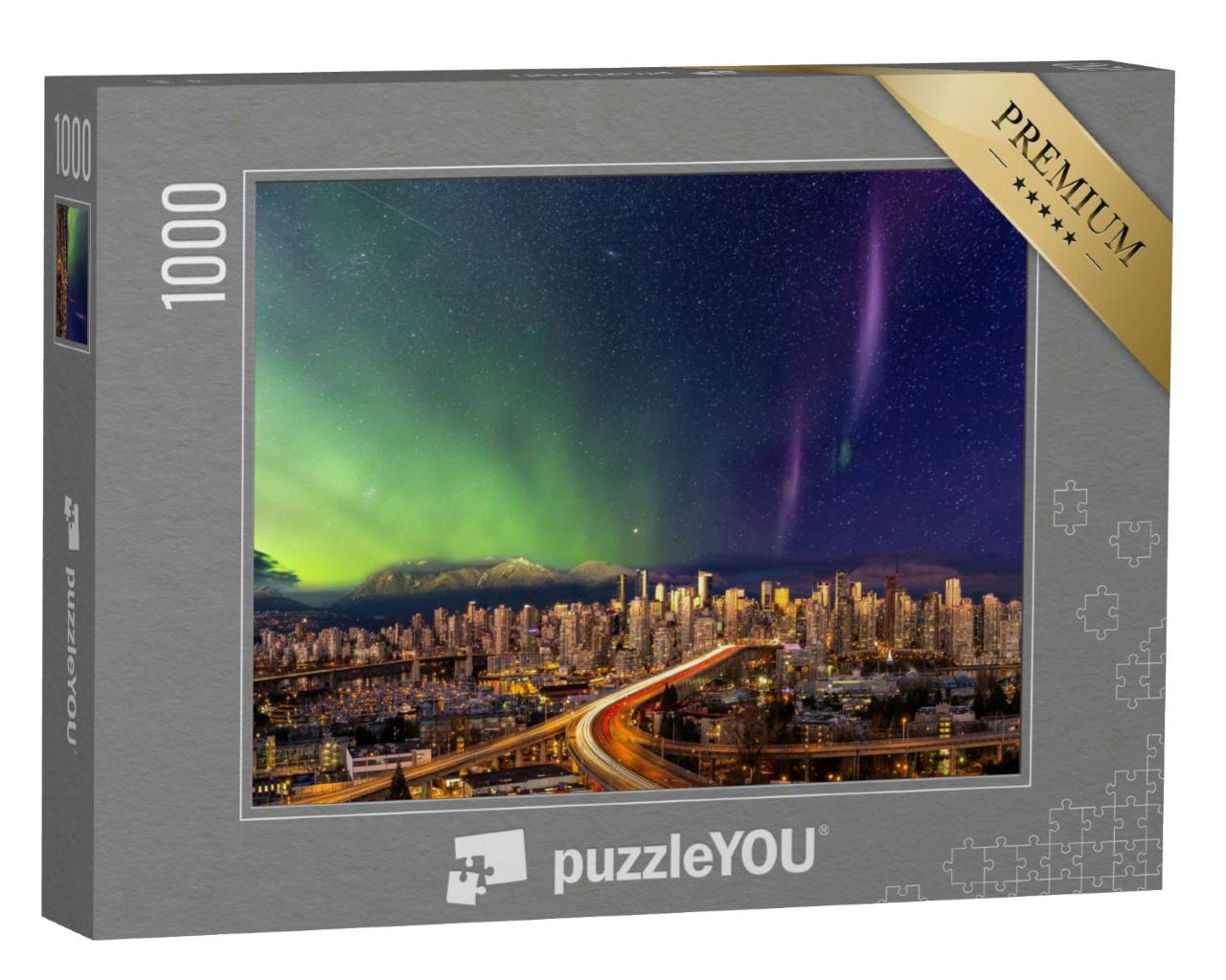 Puzzle 1000 Teile „Panoramablick: Stadtzentrum von Vancouver mit Polarlicht, British Columbia, Kanada“