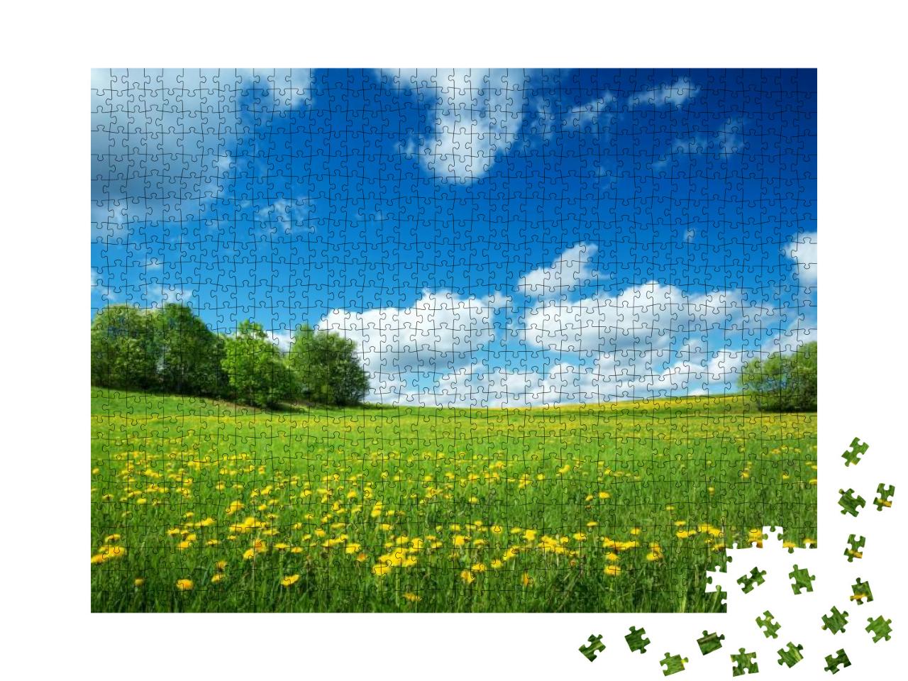 Puzzle 1000 Teile „Feld mit gelbem Löwenzahn und blauem Himmel“