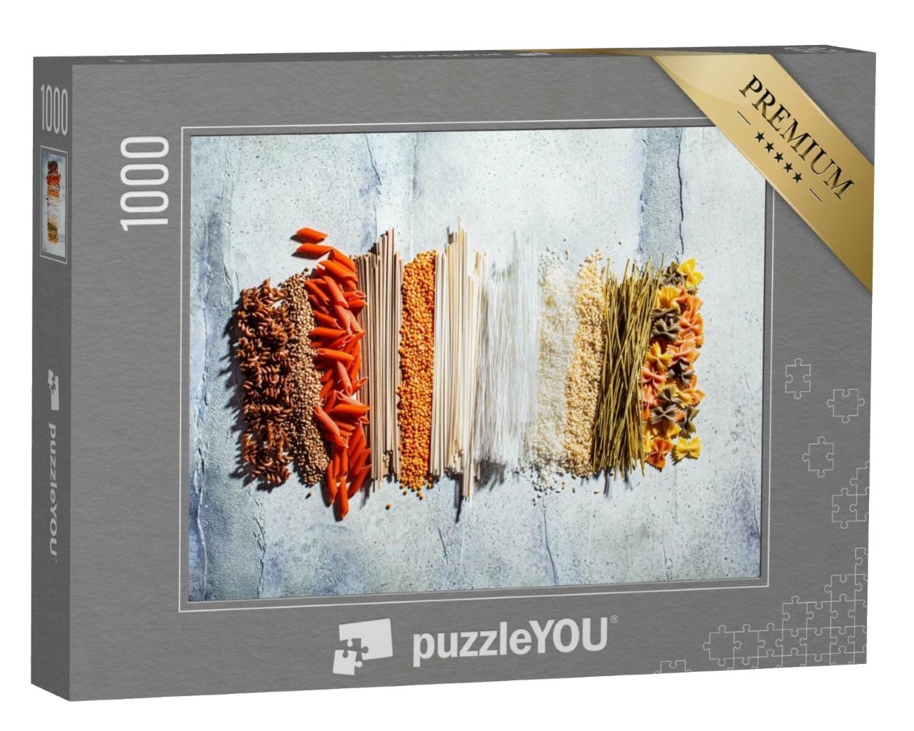 Puzzle 1000 Teile „Köstliches Arrangement: Pasta aus Reis, Linsen, Buchweizen und Quinoa“