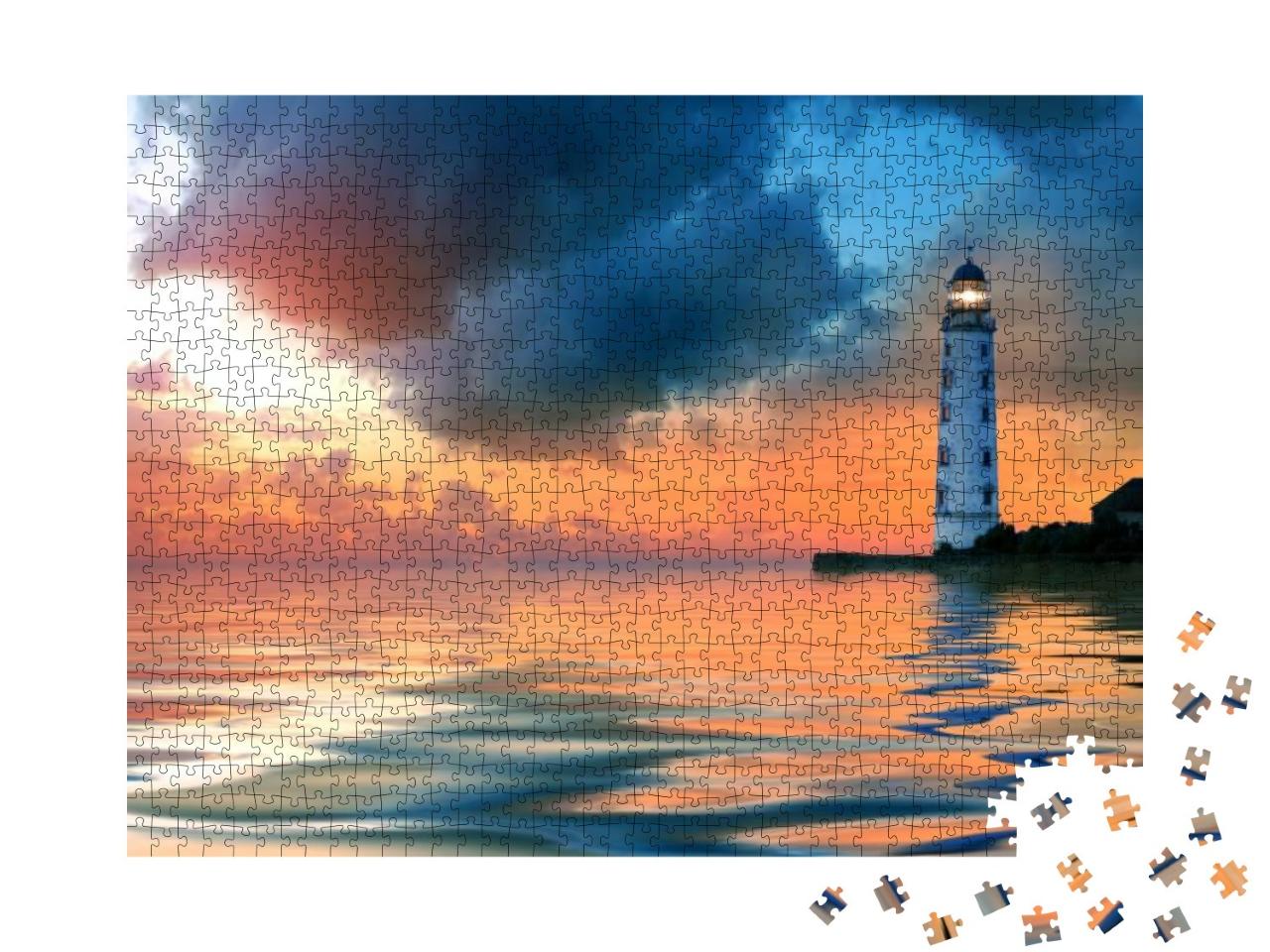 Puzzle 1000 Teile „Wunderschöner Sonnenuntergang am Leuchtturm bei ruhiger See“