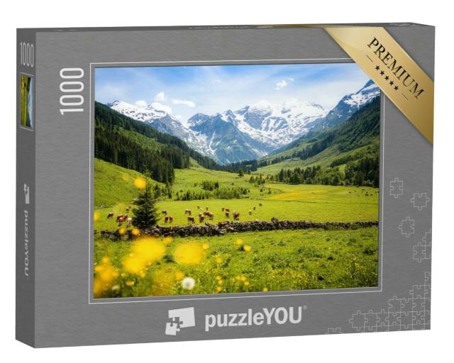 Puzzle 1000 Teile „Panoramablick auf ländliche alpine Landschaft mit Kühen, Nationalpark Hohe Tauern“