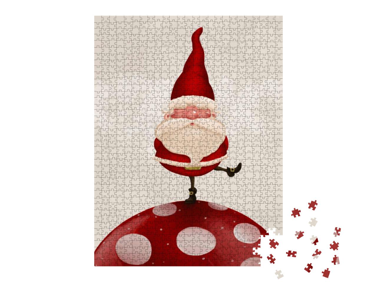 Puzzle 1000 Teile „Kleiner Weihnachtsmann auf großem Fliegenpilz“