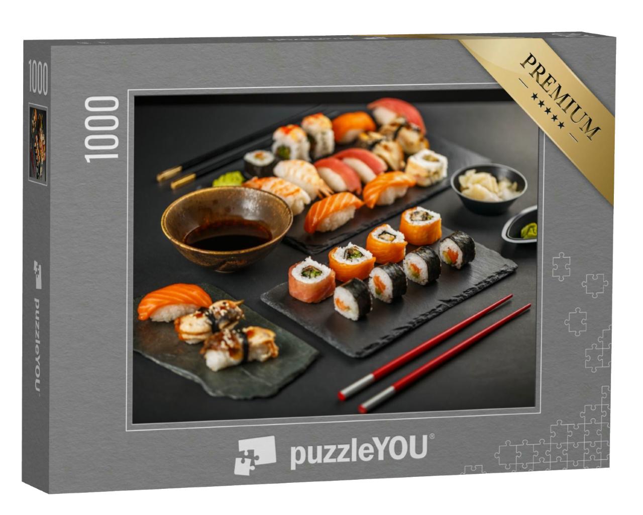 Puzzle 1000 Teile „Frisches und leckeres Sushi auf schwarzem Schiefer“