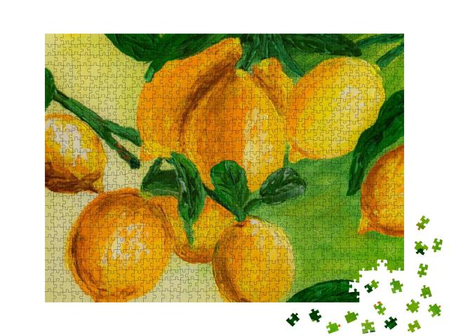 Puzzle 1000 Teile „Reife Zitronen auf einem Zweig, Gemälde“
