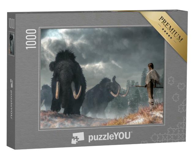 Puzzle 1000 Teile „Digitale Kunst: Mutige Frau im Anblick von Mammuts“