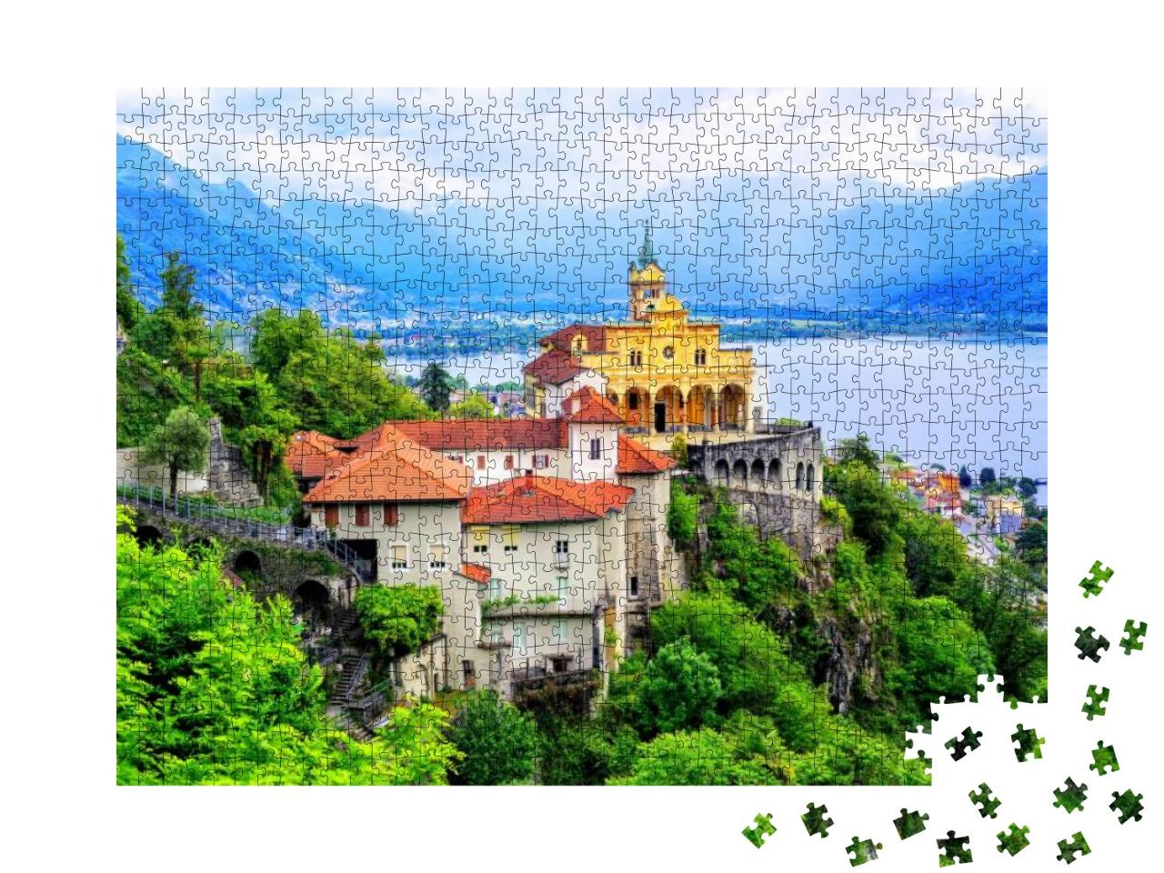 Puzzle 1000 Teile „Wunderschöne Kirche der Madonna del Sasso über dem Lago Maggiore, Schweiz“