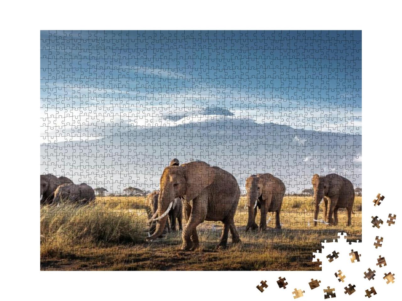 Puzzle 1000 Teile „Herde großer afrikanischer Elefanten spaziert vor dem Kilimandscharo in Kenia“