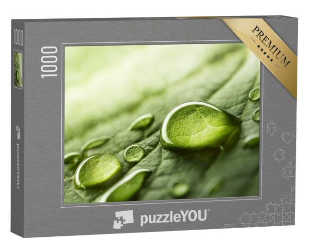 Puzzle 1000 Teile „Makroaufnahme: große Tropfen von transparentem Regenwasser auf einem grünen Blatt“