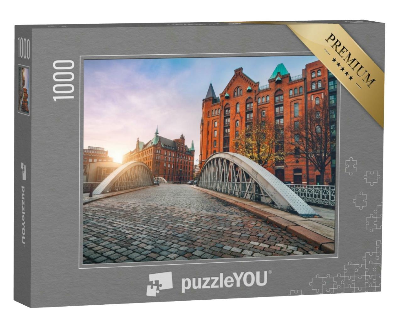Puzzle 1000 Teile „Bogenbrücke über die Alsterkanäle, historische Speicherstadt Hamburg“