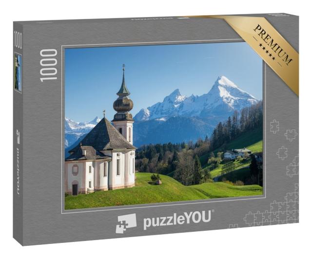 Puzzle 1000 Teile „Schneebedeckter Watzmann-Gipfel und Maria Gern, Berchtesgadener Land“